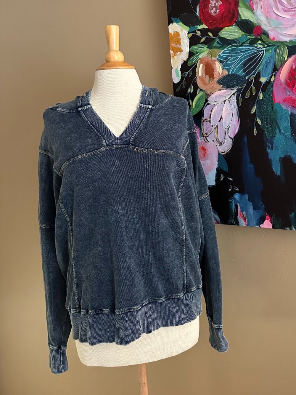 Vintage Wash Hooded Sweatshirt Denim Blue V Neck Pullover Medium Cozy